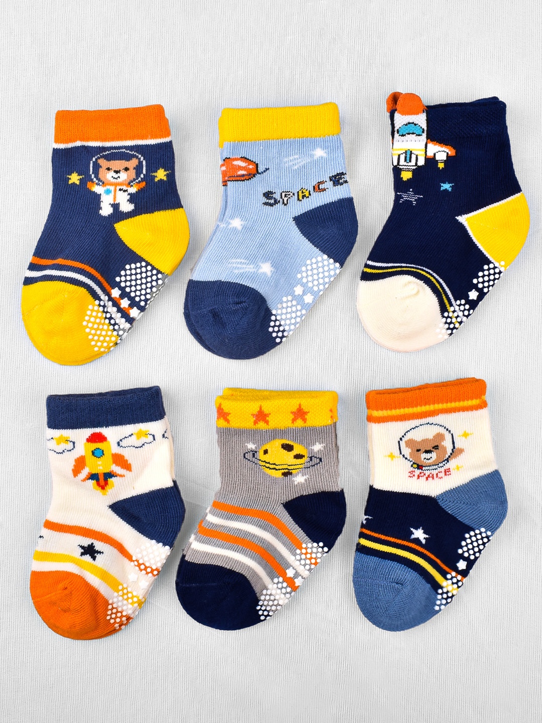 

FOOTPRINT 6 Pairs Infant Kids Unisex Multi-Colored Ankle-Length Assorted Antiskid Cotton Socks, Blue