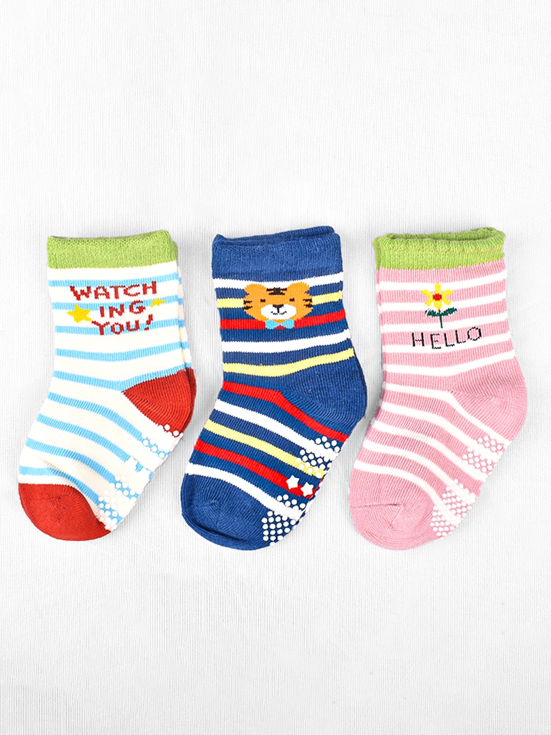 

FOOTPRINT 3 Pairs Infant Kids Unisex Multi-Colored Ankle-Length Assorted Antiskid Cotton Socks, Blue