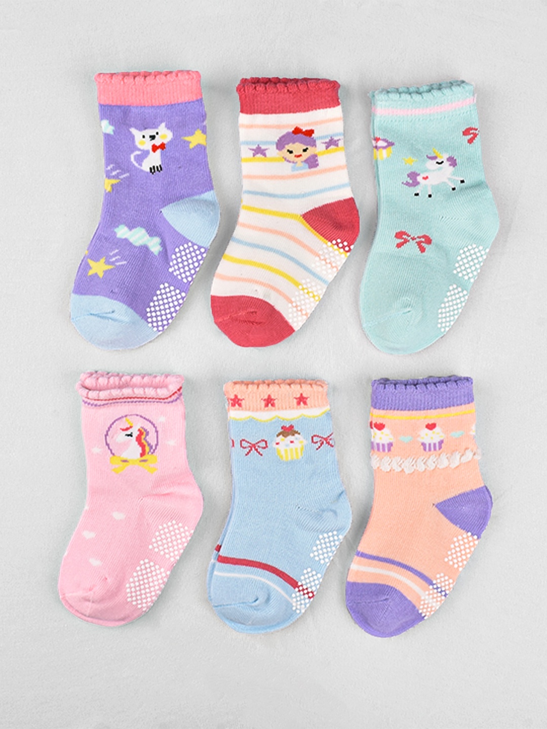 

FOOTPRINT 6 Pairs Infant Kids Unisex Multi-Colored Ankle-Length Assorted Antiskid Cotton Socks, Blue
