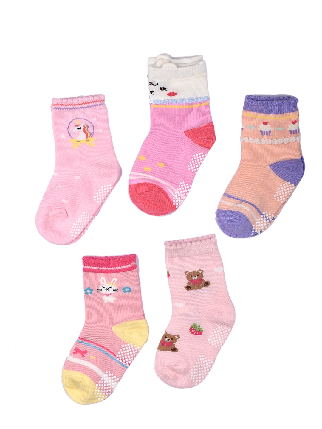 

FOOTPRINT 5 Pairs Infant Kids Unisex Multi-Colored Ankle-Length Assorted Antiskid Cotton Socks, Pink