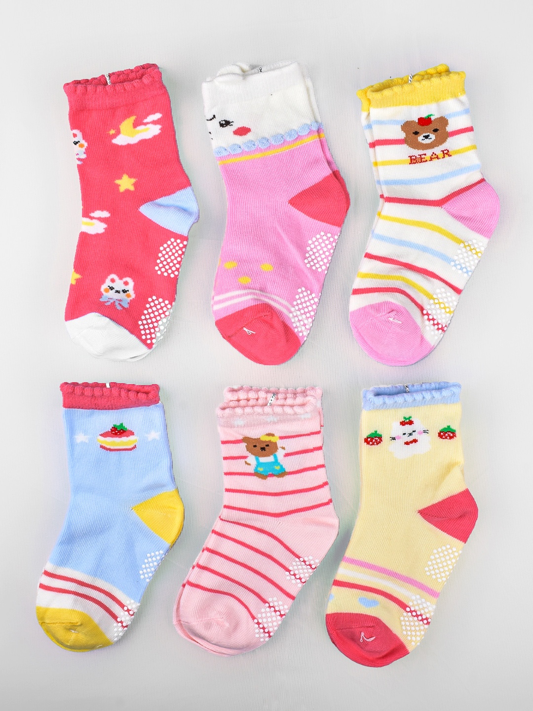

FOOTPRINT 6 Pairs Infant Kids Unisex Multi-Colored Ankle-Length Assorted Antiskid Cotton Socks, Pink