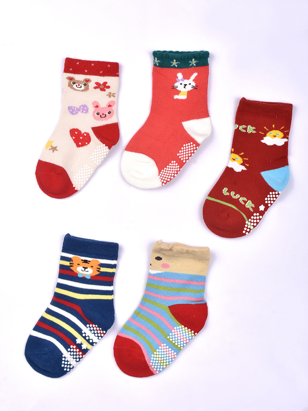 

FOOTPRINT 5 Pairs Infant Kids Unisex Multi-Colored Ankle-Length Assorted Antiskid Cotton Socks, Blue