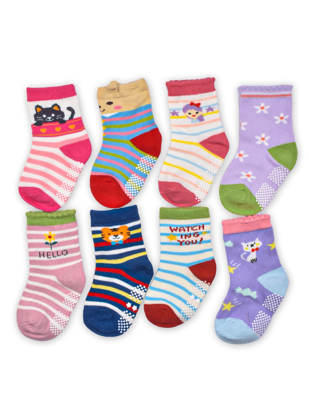 

FOOTPRINT 8 Pairs Infant Kids Unisex Multi-Colored Ankle-Length Assorted Antiskid Cotton Socks, White
