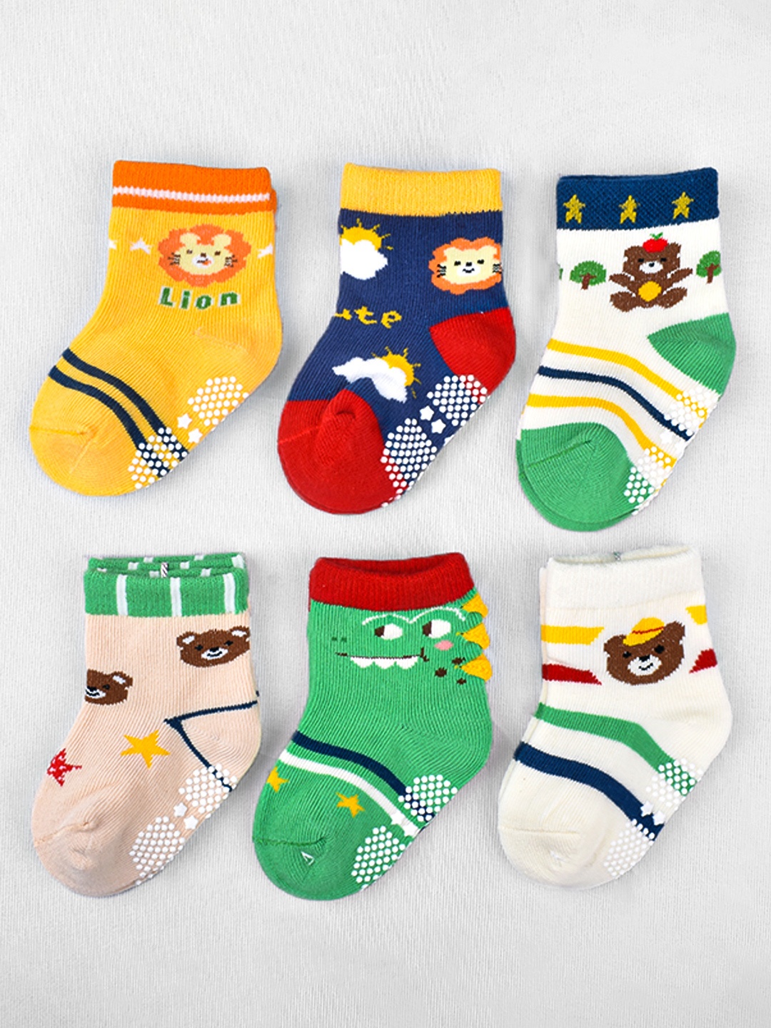 

FOOTPRINT 6 Pairs Infant Kids Unisex Multi-Colored Ankle-Length Assorted Antiskid Cotton Socks, Blue