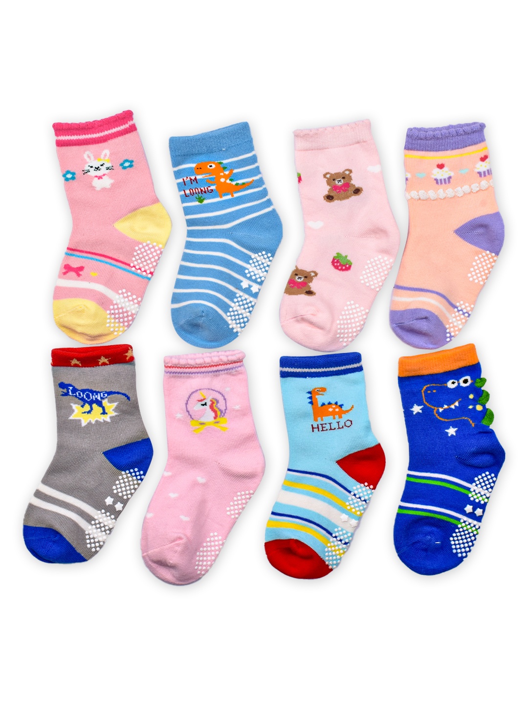 

FOOTPRINT 8 Pairs Infant Kids Unisex Multi-Colored Ankle-Length Assorted Antiskid Cotton Socks, Blue