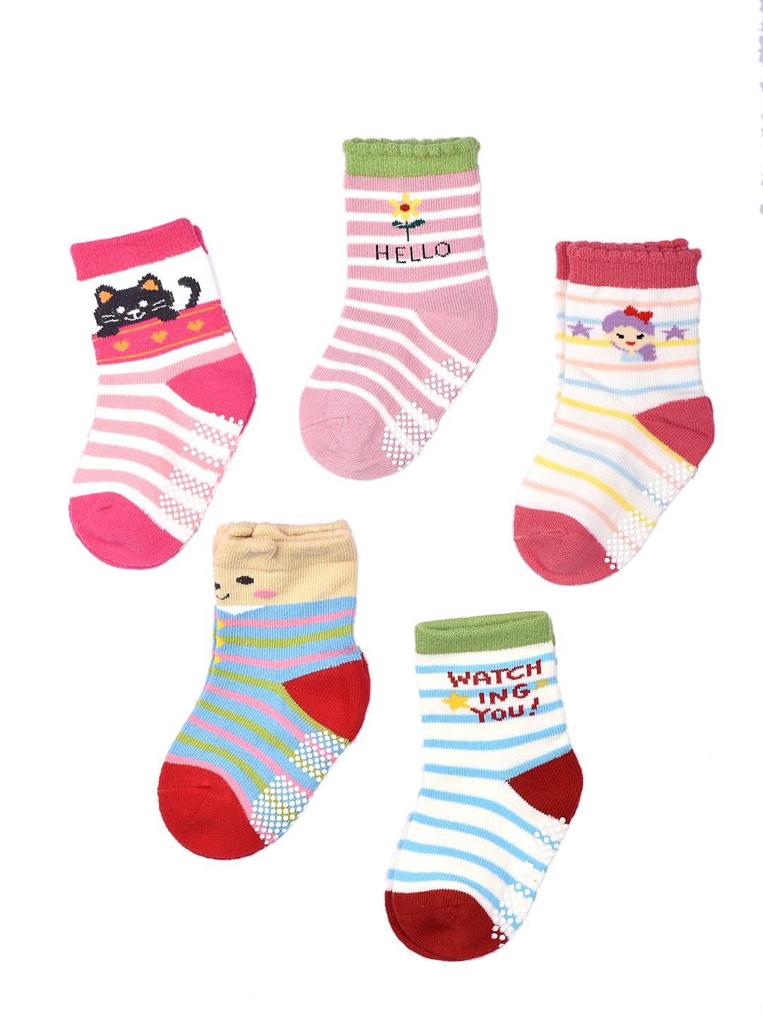 

FOOTPRINT 5 Pairs Infant Kids Unisex Multi-Colored Ankle-Length Assorted Antiskid Cotton Socks, Pink
