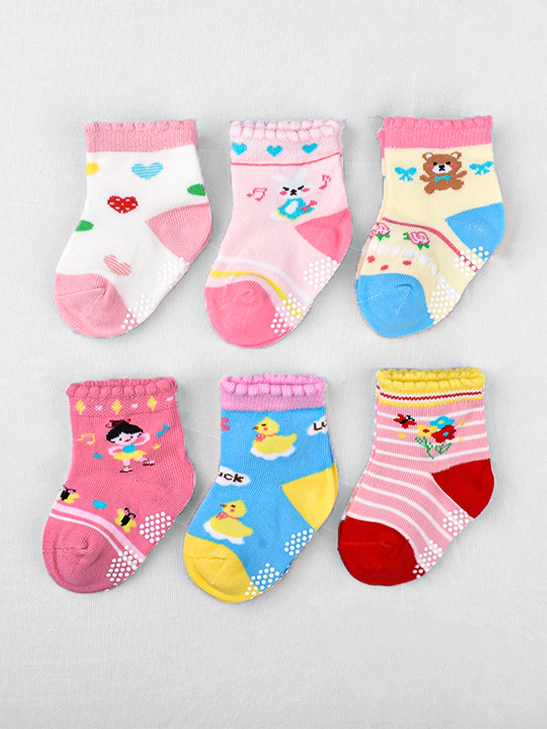 

FOOTPRINT 6 Pairs Infant Kids Unisex Multi-Colored Ankle-Length Assorted Antiskid Cotton Socks, Beige