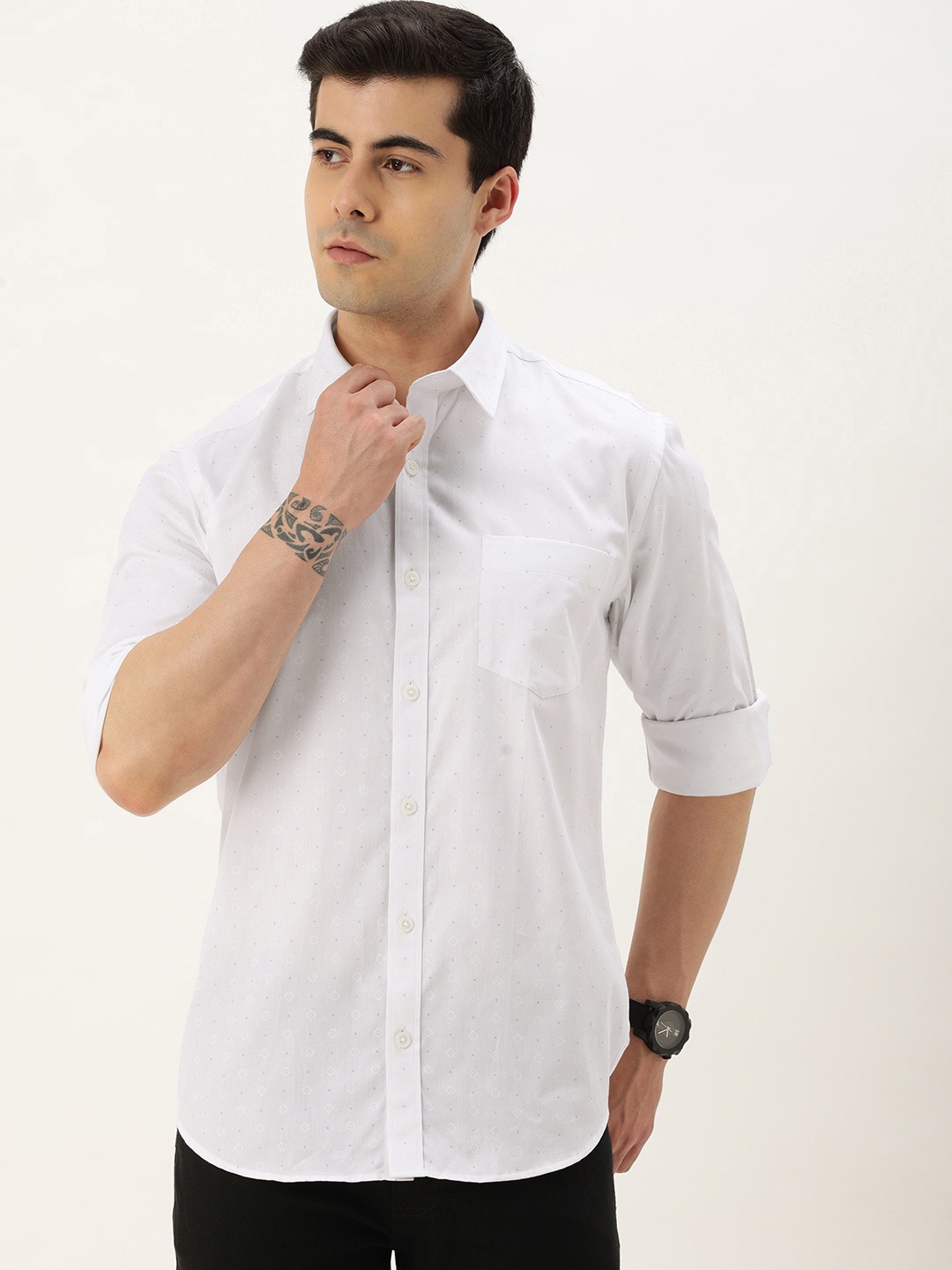 

Burnt Umber Standard Self Design Regular Fit Casual Shirt, White