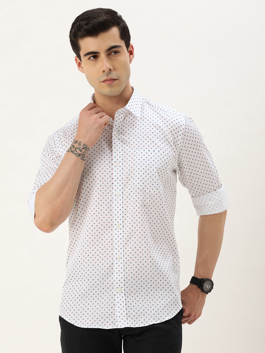 

Burnt Umber Standard Self Design Regular Fit Casual Shirt, White