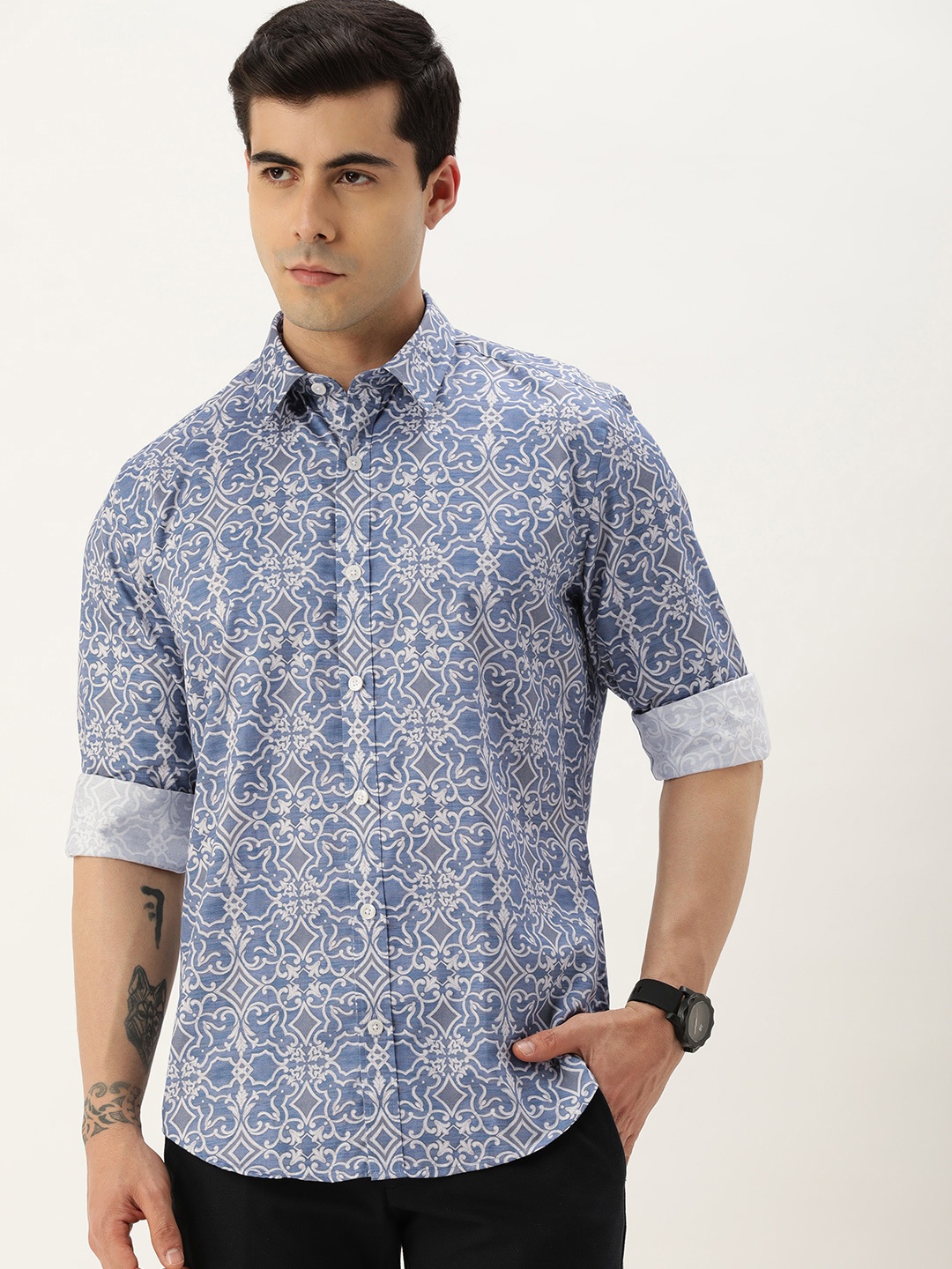 

Burnt Umber Standard Printed Regular Fit Casual Shirt, Blue