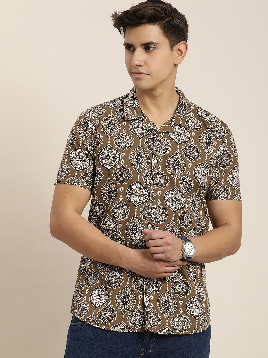 

Moda Rapido Slim Fit Ethnic Motifs Printed Pure Cotton Casual Shirt, Brown