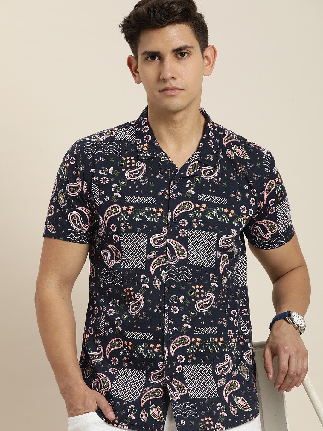 

Moda Rapido Slim Fit Ethnic Motifs Printed Pure Cotton Casual Shirt, Navy blue