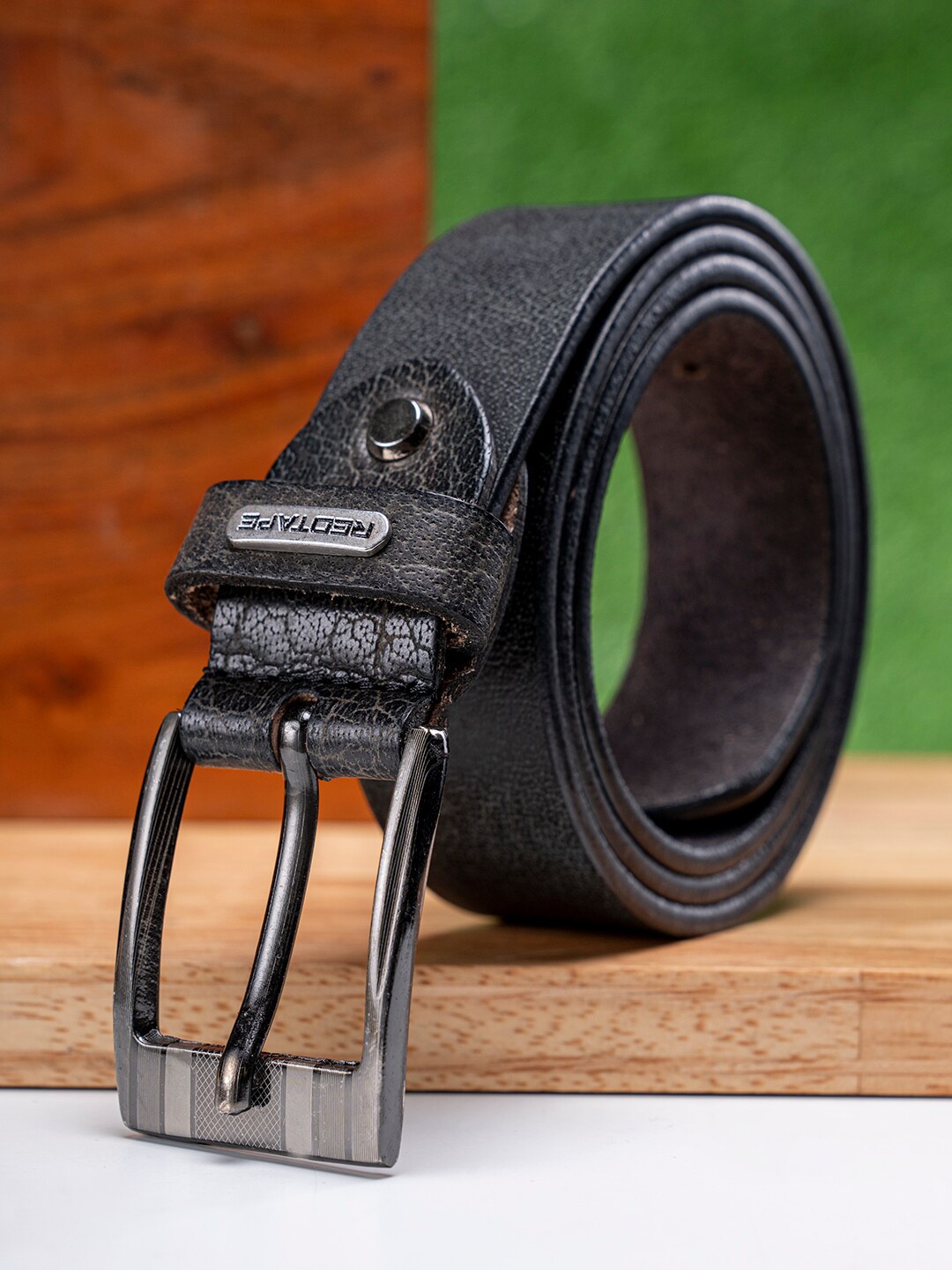 

Red Tape Men Textured Leather Belt, Green