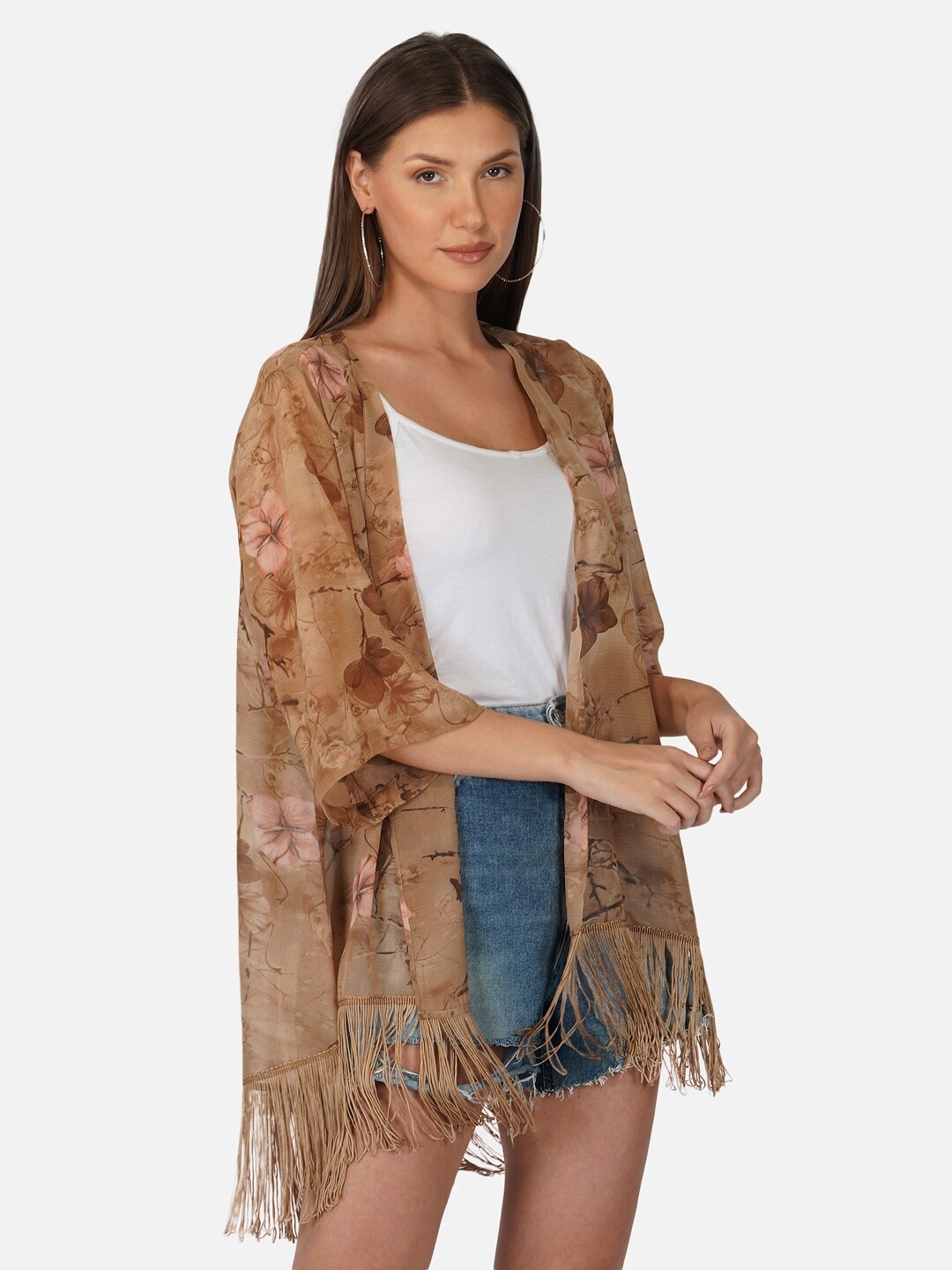 

PURYS Women Printed Tasselled Shrug, Brown
