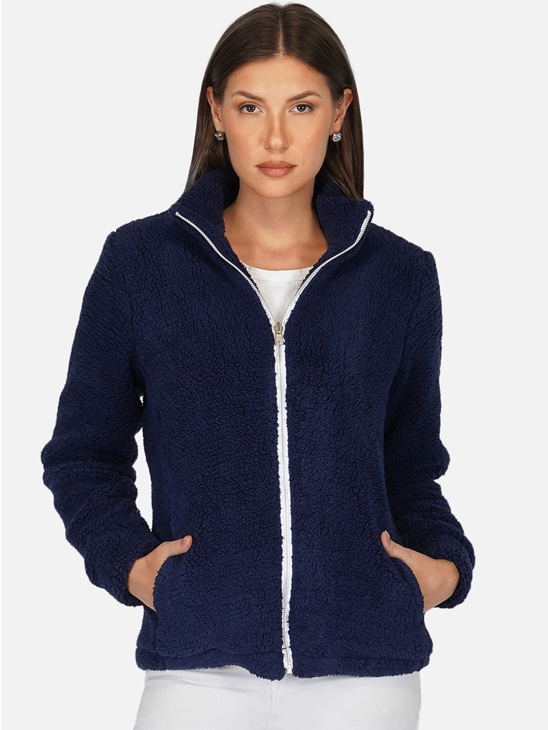 

PURYS Women Fleece Tailored Jacket, Navy blue