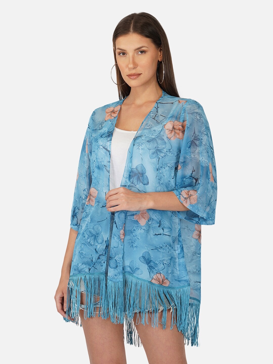 

PURYS Women Printed Tasselled Shrug, Blue