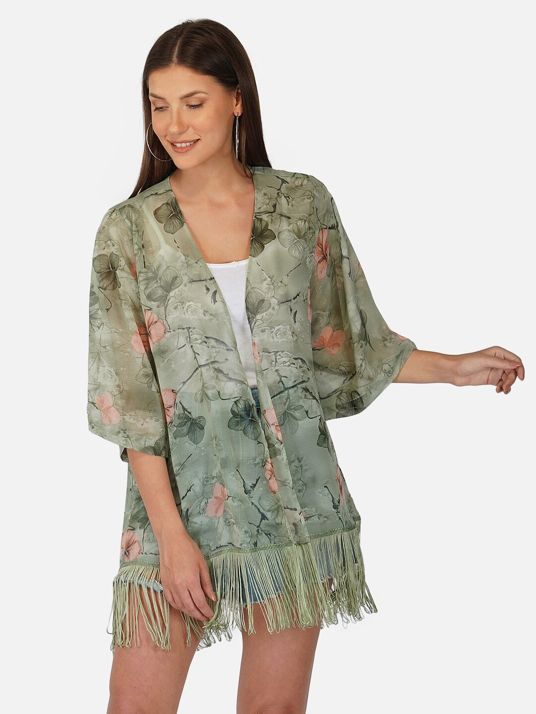 

PURYS Women Printed Tasselled Shrug, Green