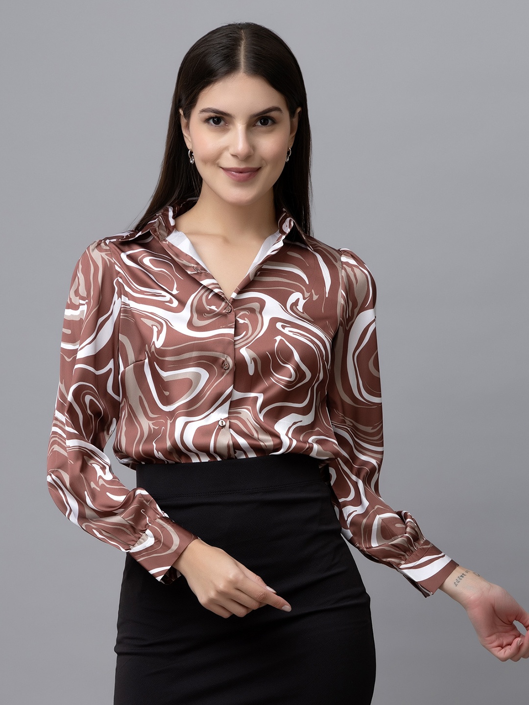 

PURYS Women Printed Satin Regular Fit Shirt, Brown
