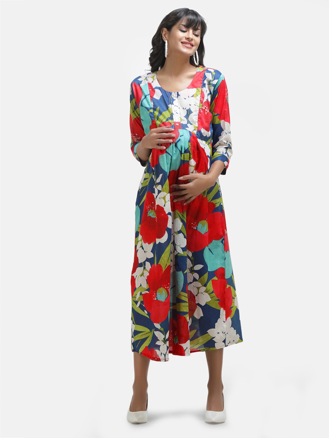 

KOI SLEEPWEAR Navy Cotton Floral Maternity Midi Dress, Navy blue