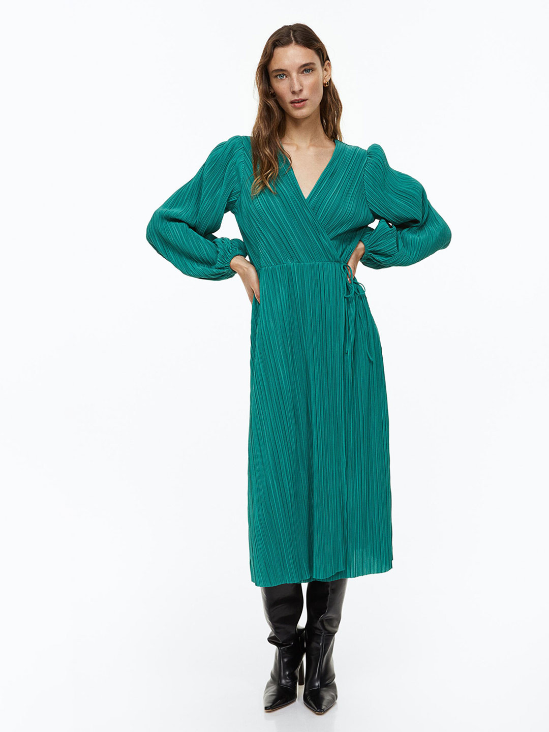 

H&M Pleated Wrapover Dress, Turquoise blue