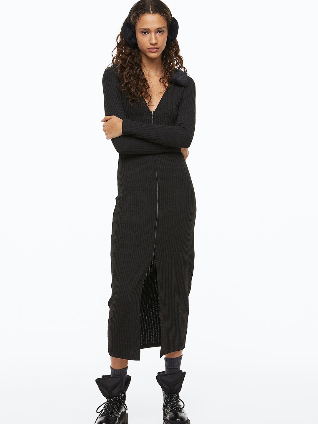 

H&M Women Zip-Front Ribbed Dress, Black