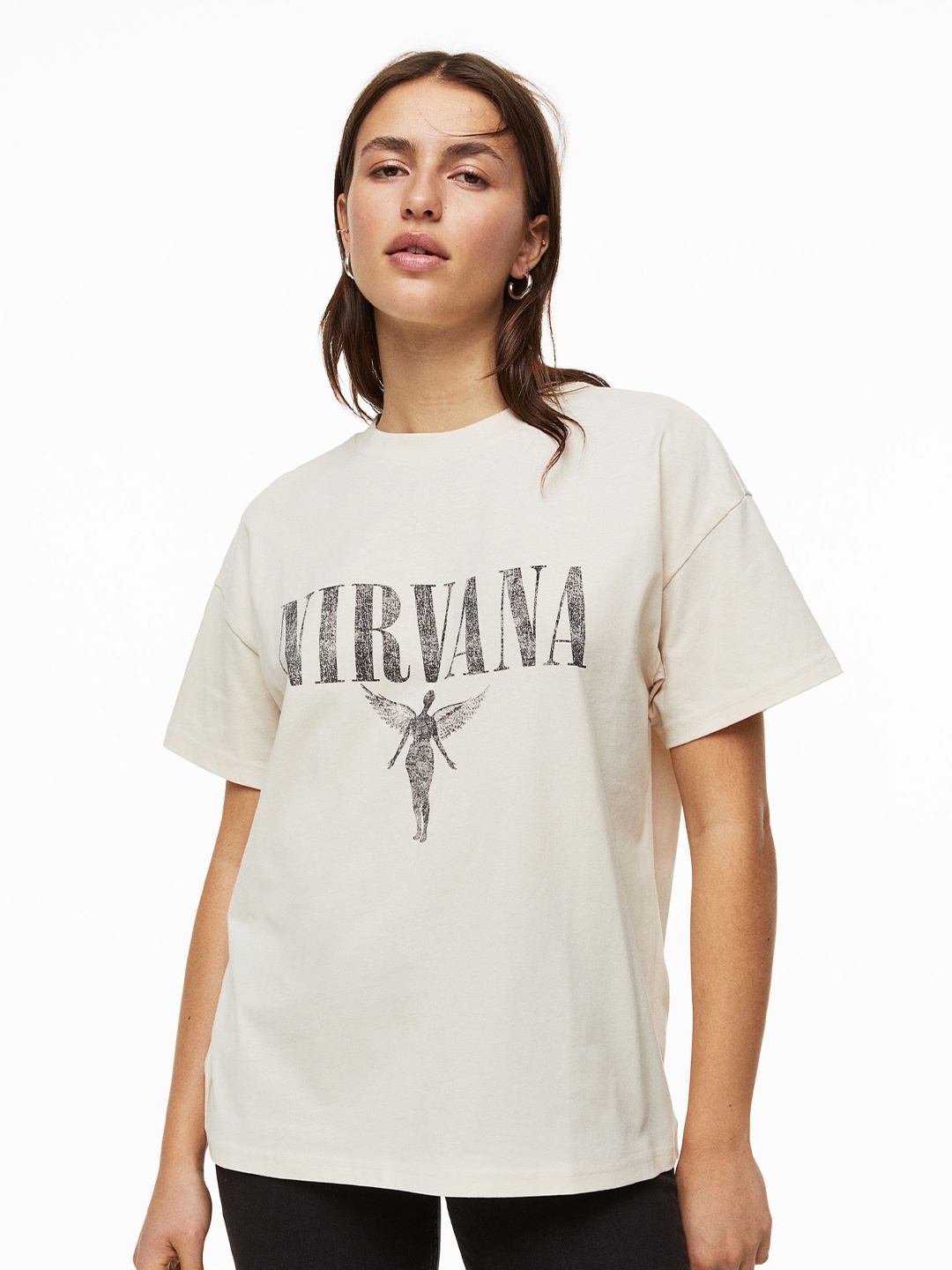 

H&M Oversized Women Oversized Printed T-Shirt, Beige