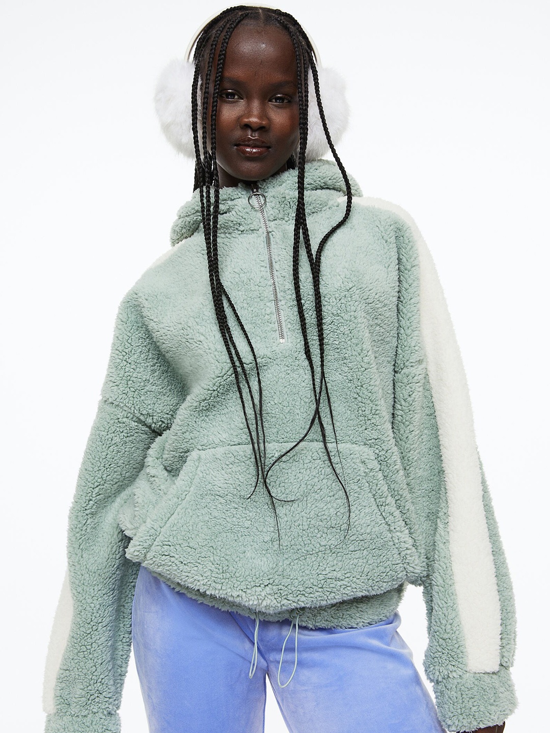 

H&M Women Oversized Teddy Zip-Top Hoodie, Green