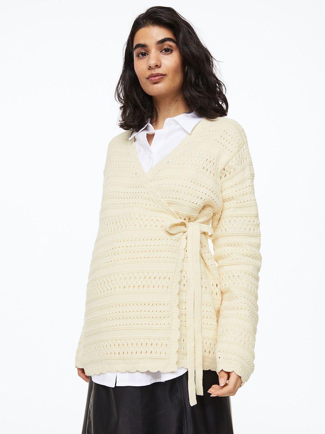 

H&M Mama V-Neck Pointelle-Knit Self Design Woolen Cardigan, Off white