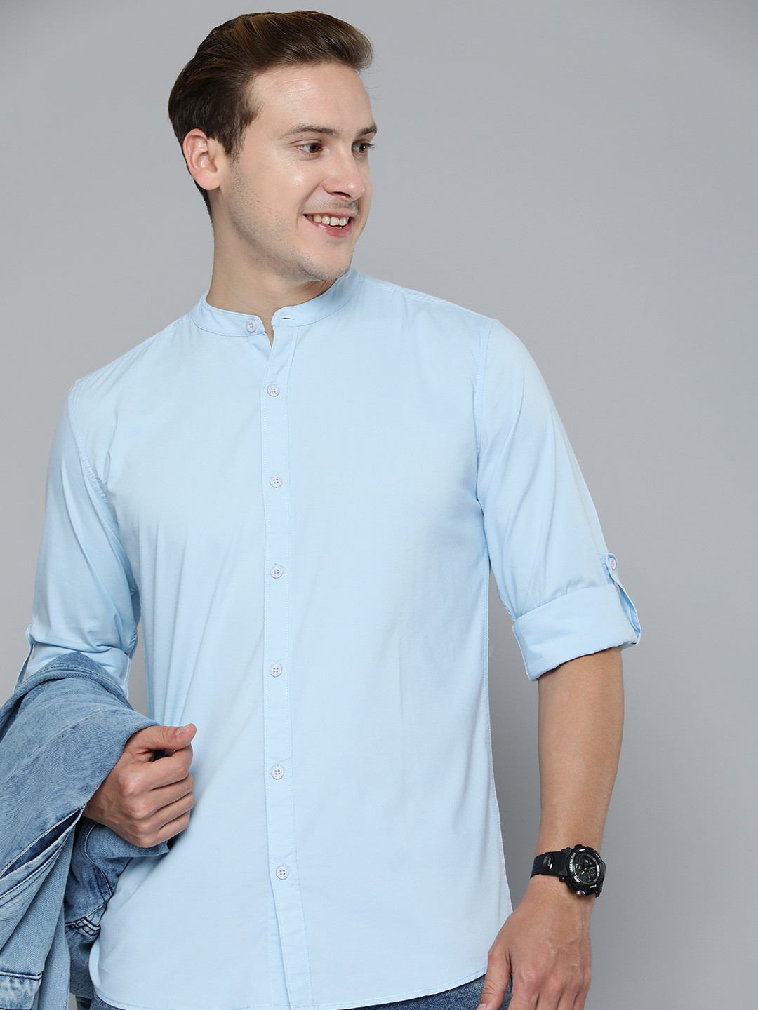 

HERE&NOW Band Collar Slim Fit Casual Shirt, Blue