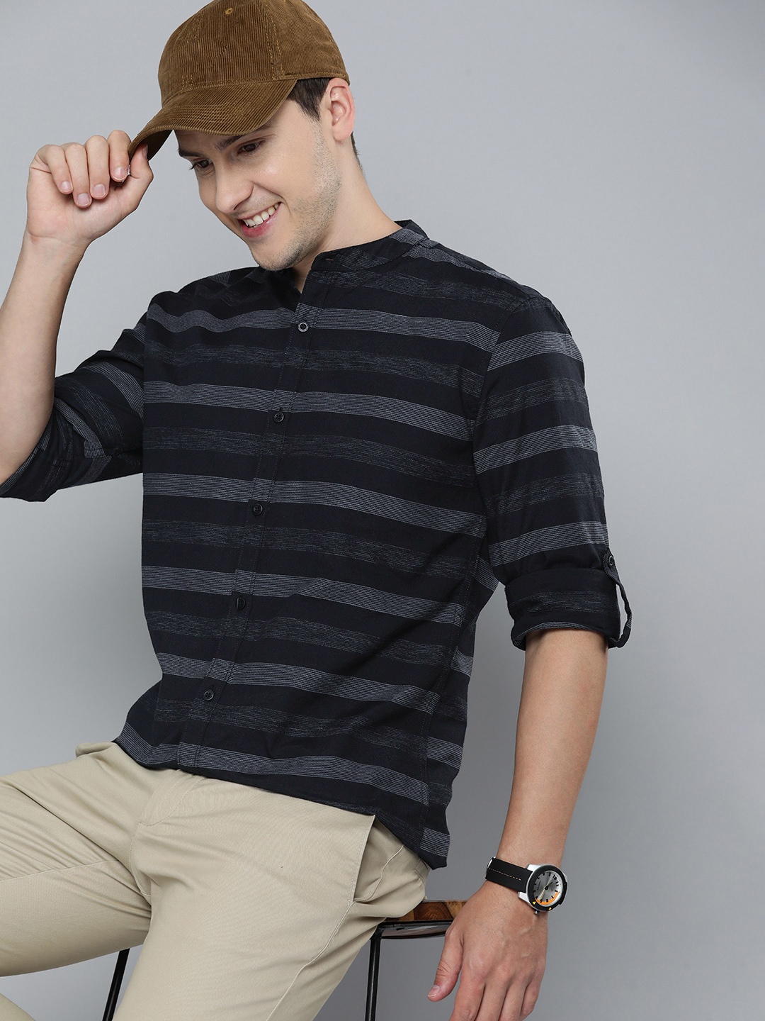 

HERE&NOW Slim Fit Band Collar Striped Casual Shirt, Black