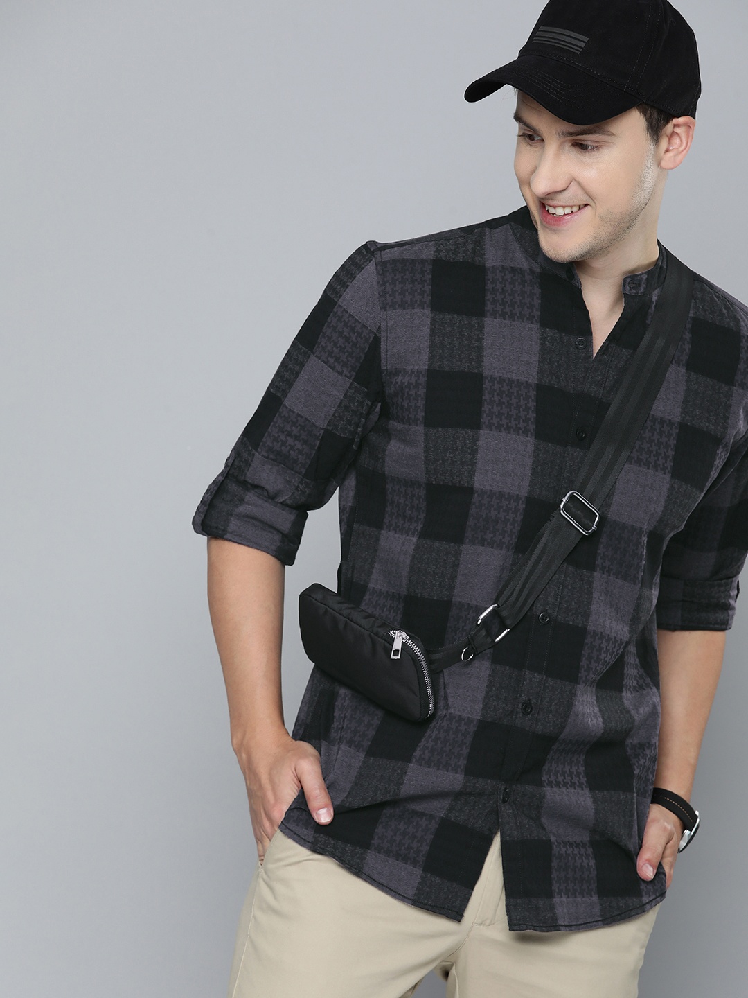 

HERE&NOW Slim Fit Band Collar Checked Casual Shirt, Black