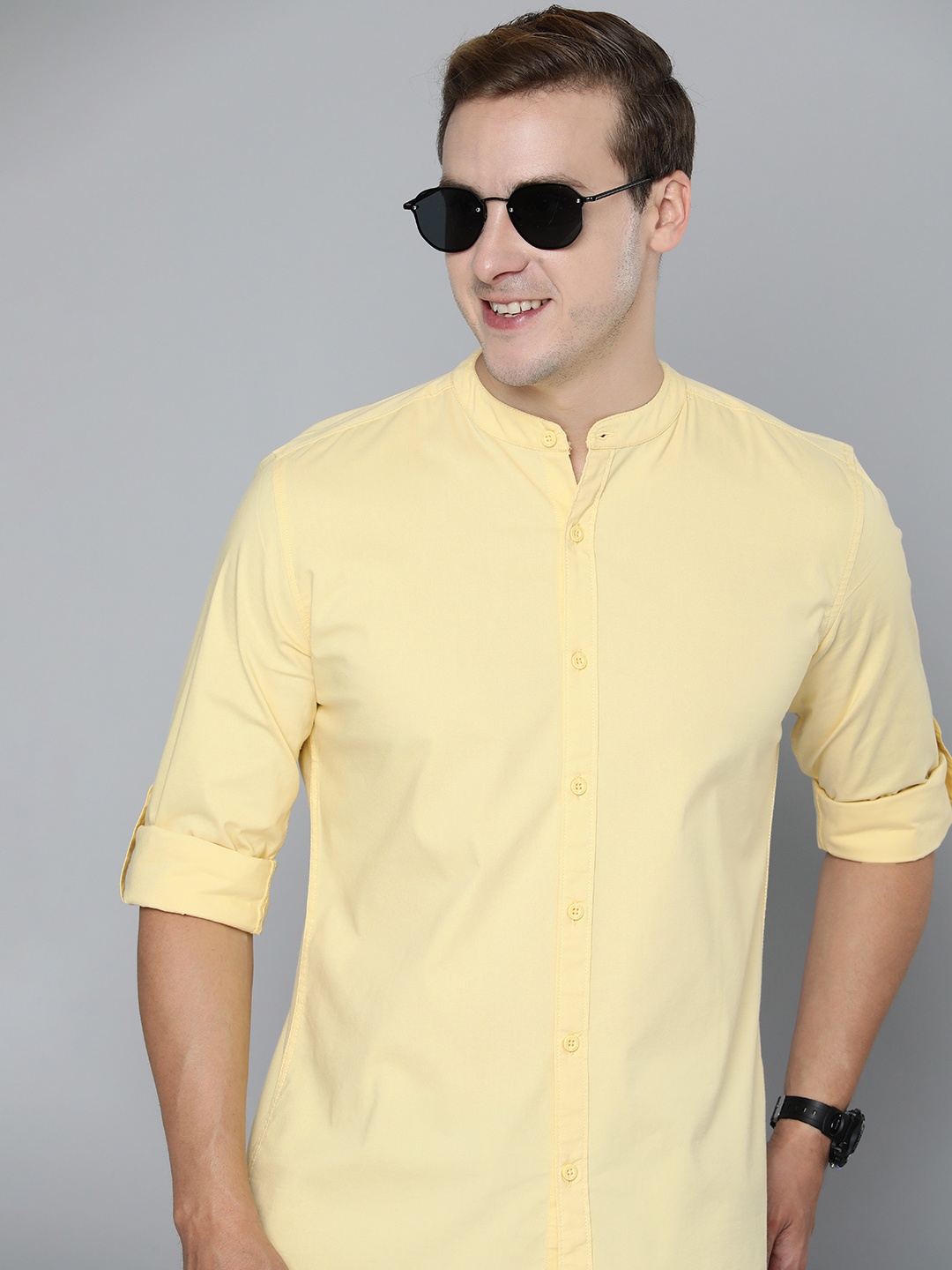 

HERE&NOW Band Collar Slim Fit Casual Shirt, Yellow