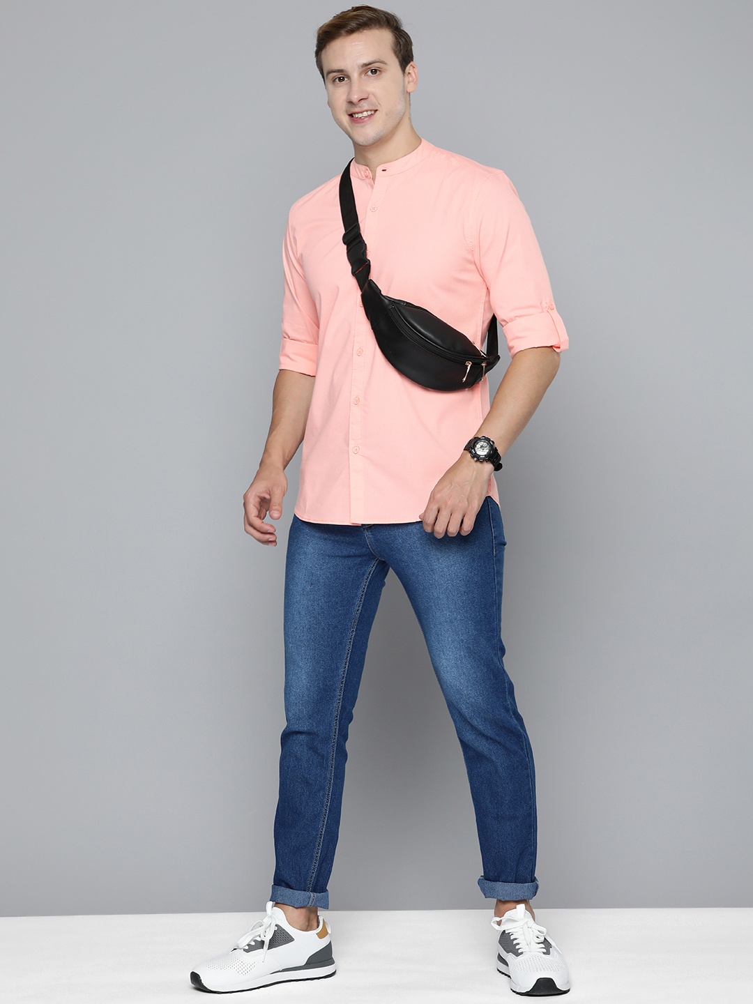 

HERE&NOW Band Collar Slim Fit Casual Shirt, Peach