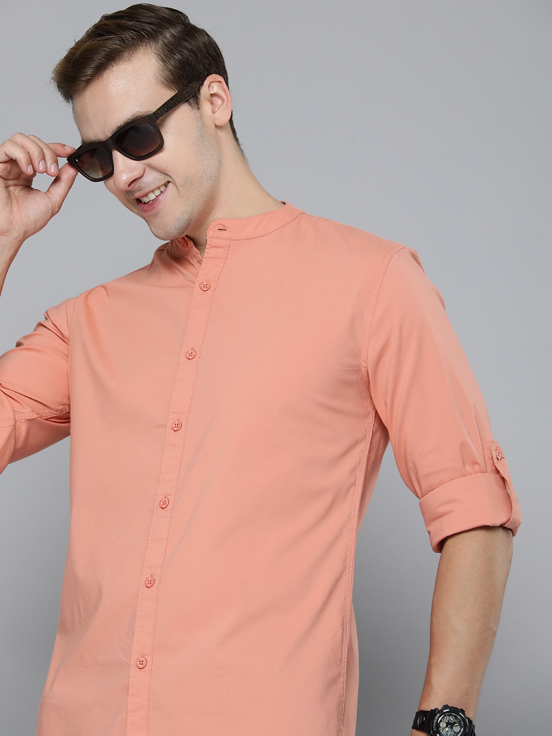 

HERE&NOW Band Collar Slim Fit Casual Shirt, Peach