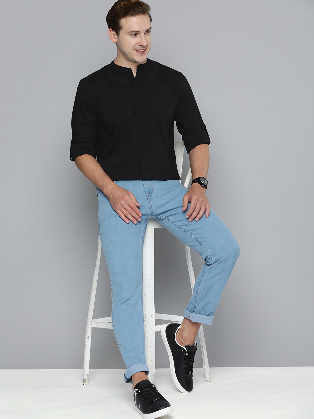 

HERE&NOW Band Collar Slim Fit Casual Shirt, Black