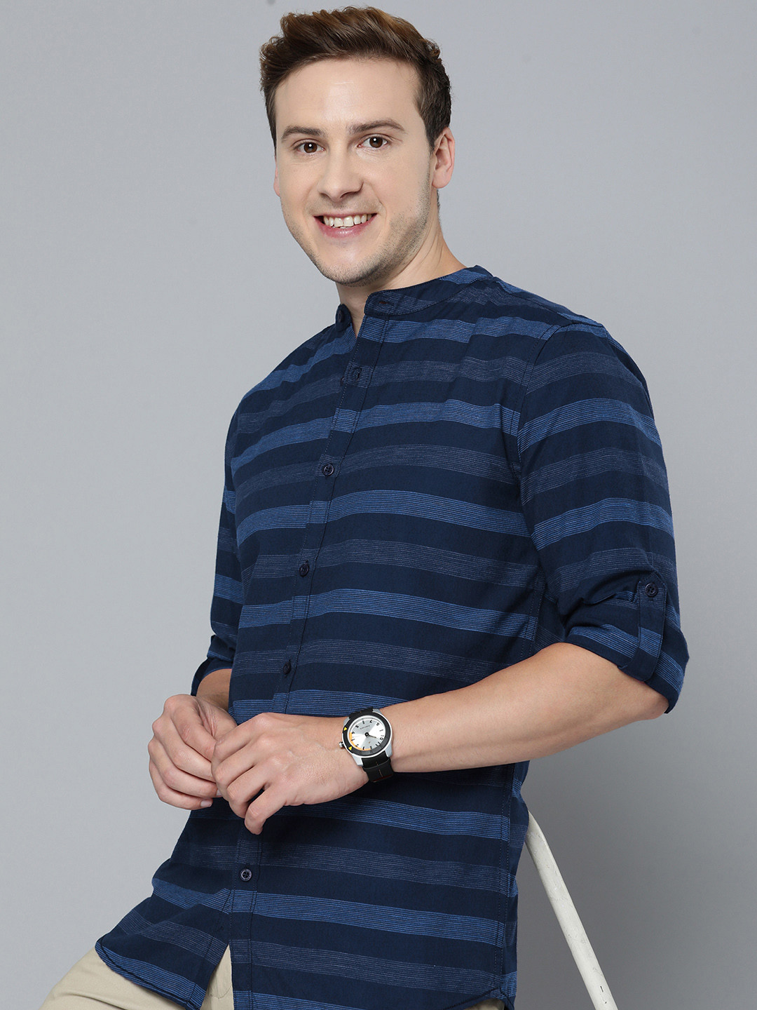 

HERE&NOW Band Collar Slim Fit Striped Casual Shirt, Navy blue