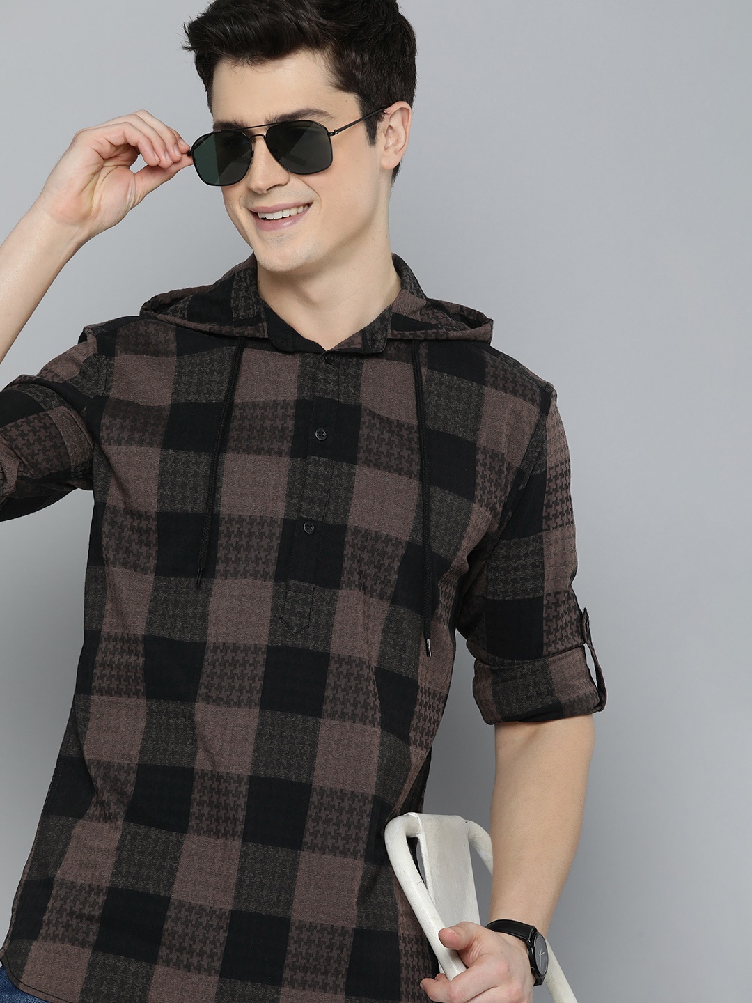 

HERE&NOW Slim Fit Buffalo Checked Hooded Casual Shirt, Brown