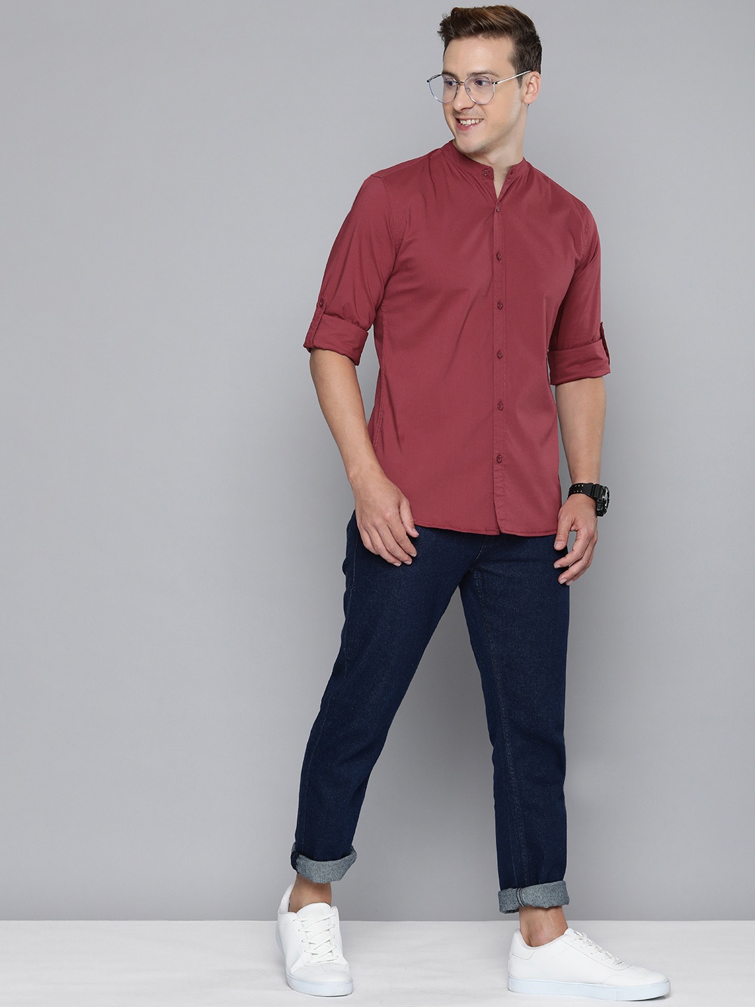 

HERE&NOW Men Solid Slim Fit Band Collar Casual Shirt, Maroon