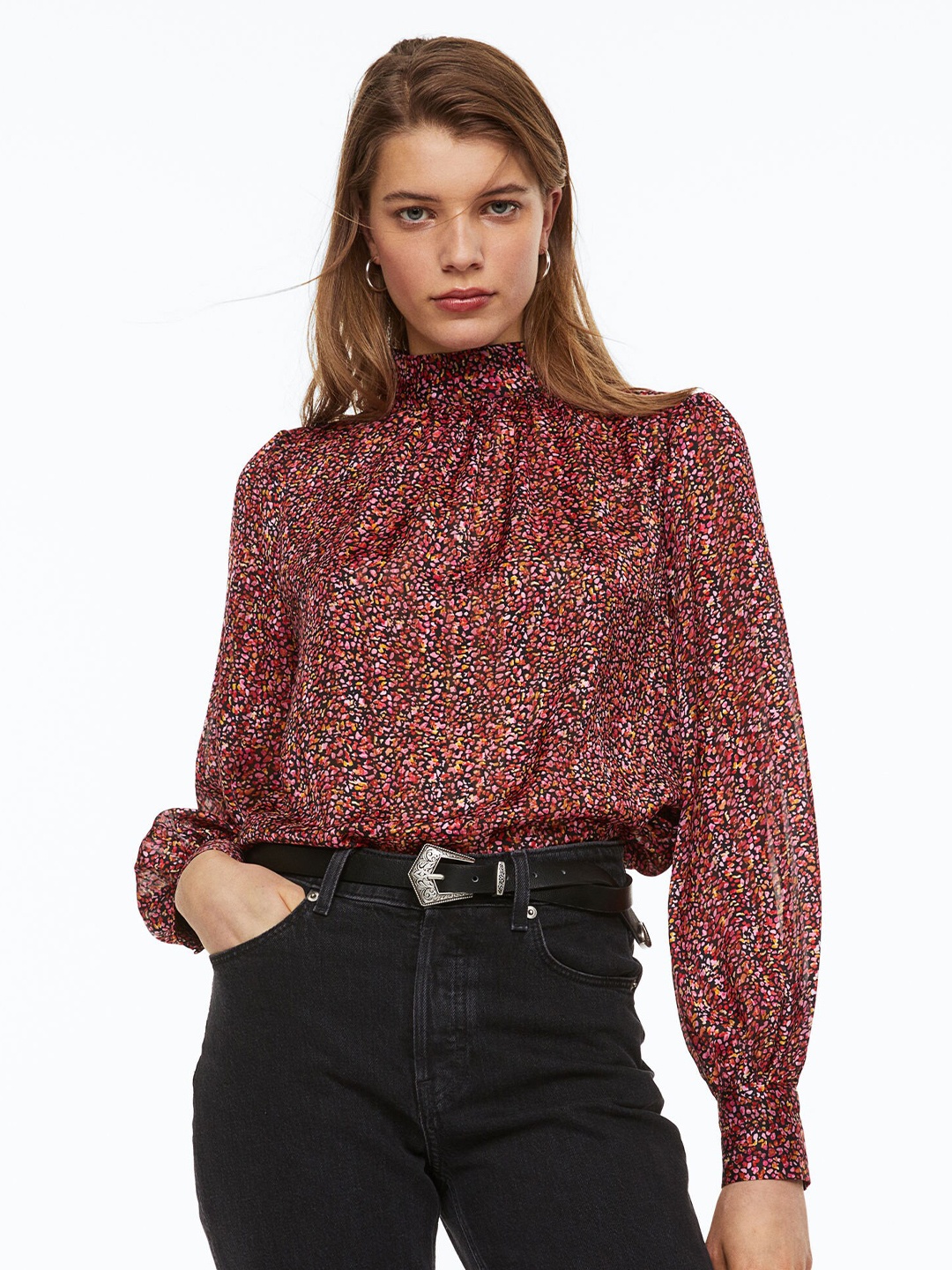 

H&M Stand-Up Collar Satin Blouse, Red