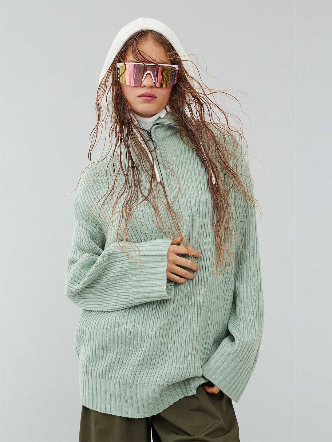 

H&M Women Zip-Top Rib-Knit Acrylic Jumper, Sea green