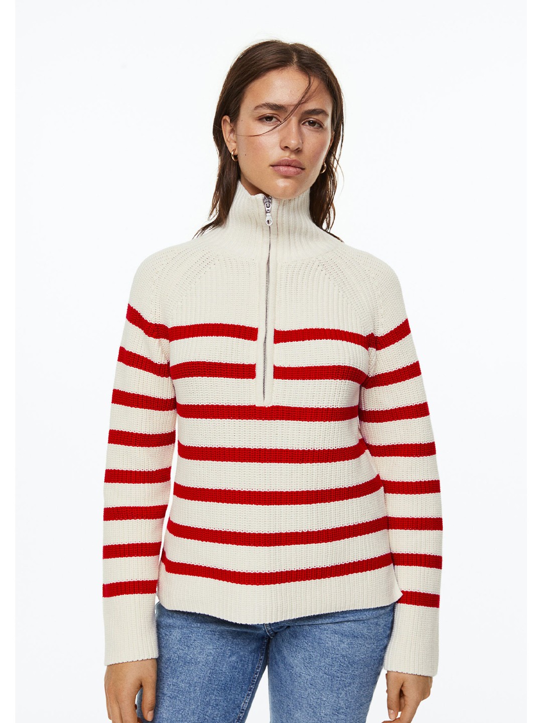 

H&M Women Rib-Knit Half-Zip Jumper, Off white