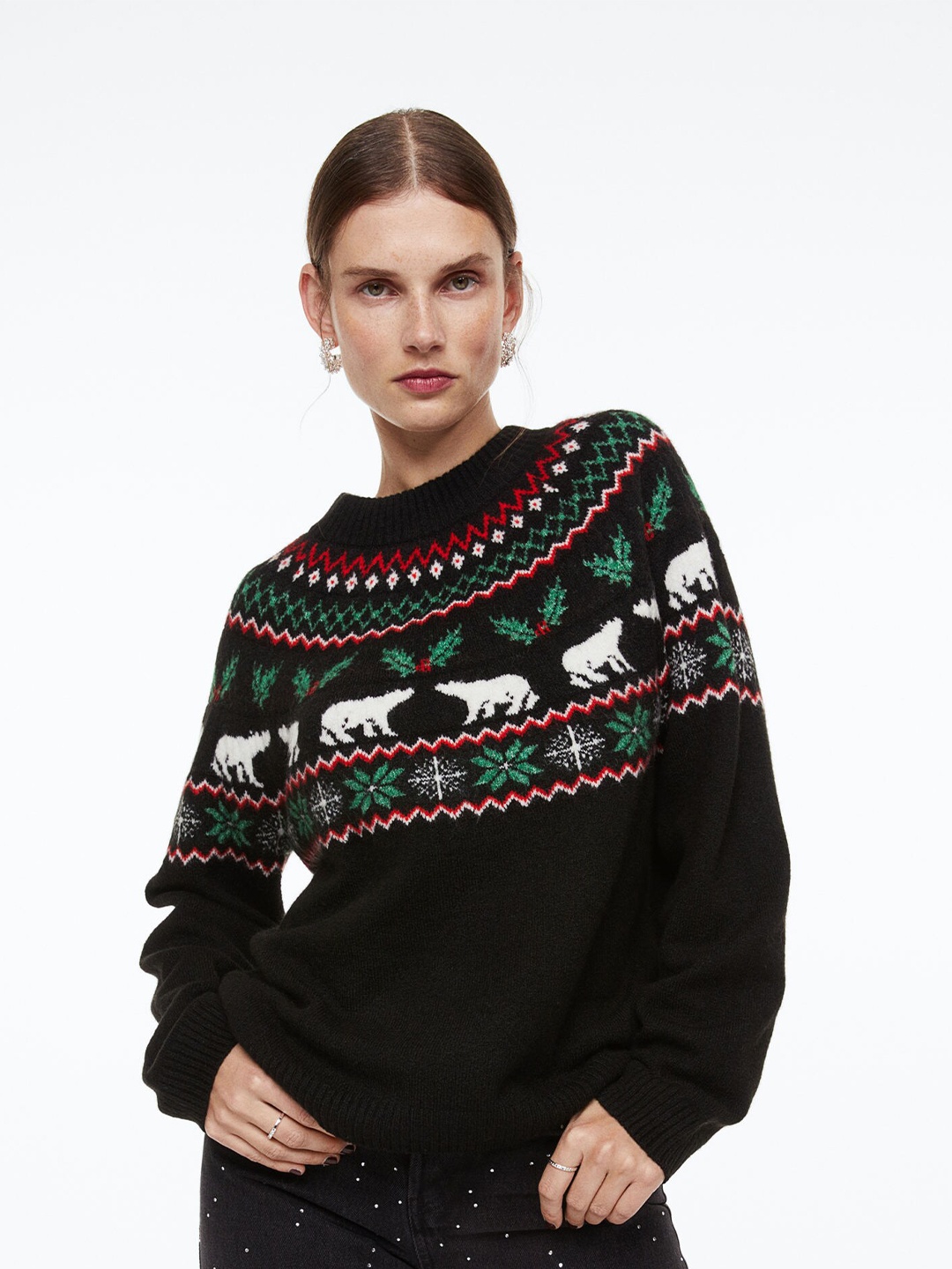 

H&M Women Jacquard Knitted Jumper, Black