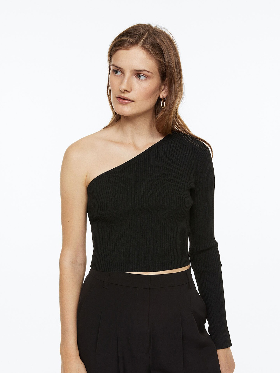 

H&M Women One-Shoulder Ribbed Top, Black