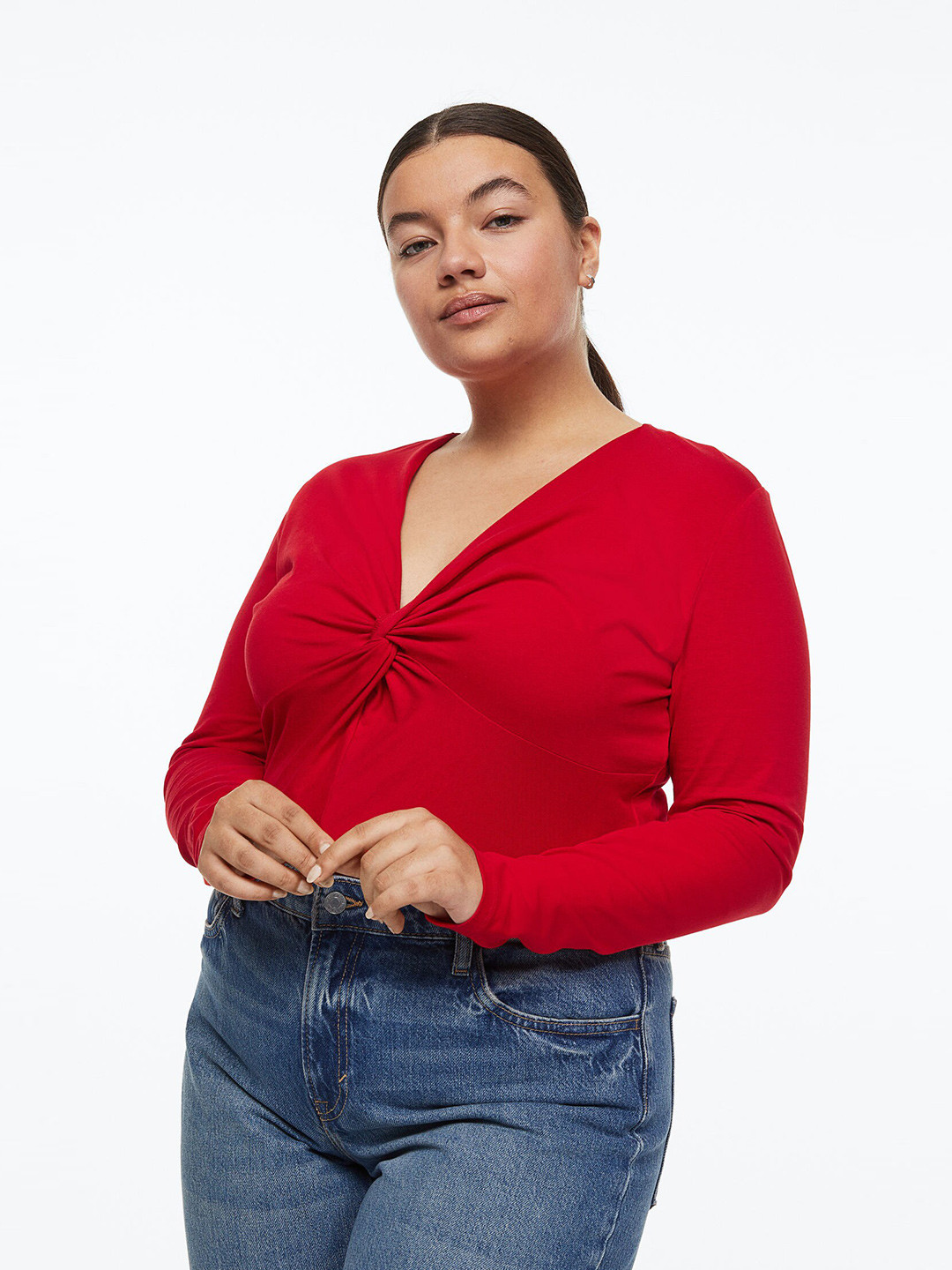 

H&M+ Women Plus Size Red Knot-detail Jersey Top