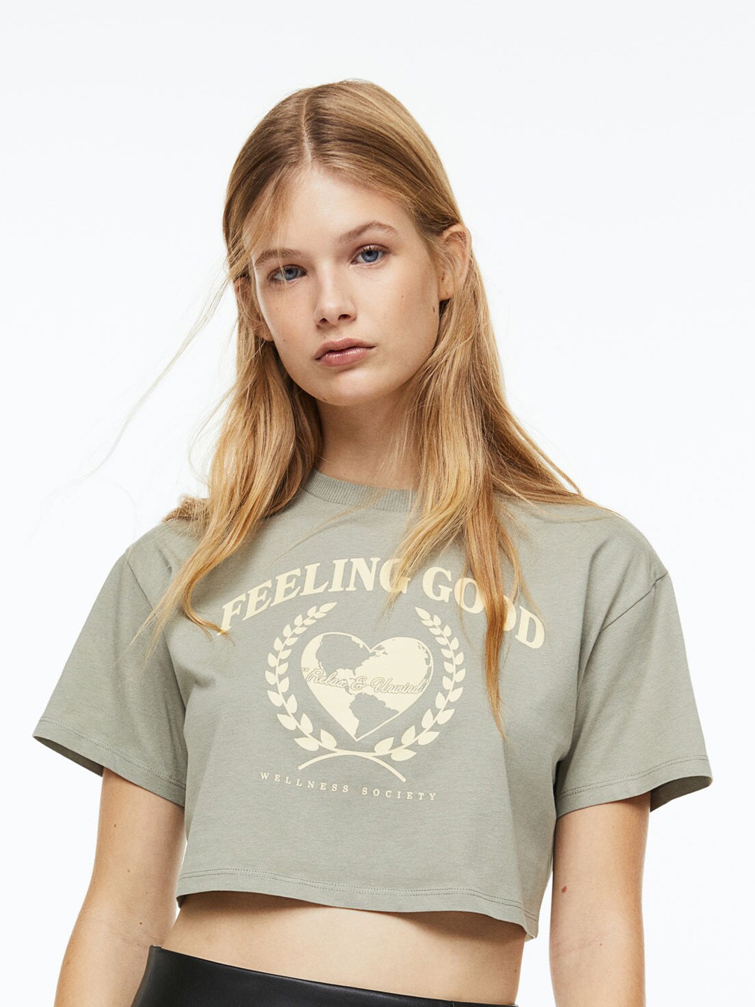 

H&M Women Cropped Printed Top, Sea green