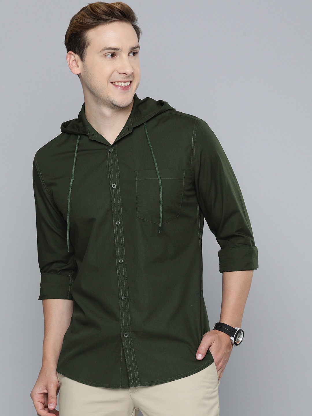

HERE&NOW Slim Fit Pure Cotton Hooded Casual Shirt, Olive