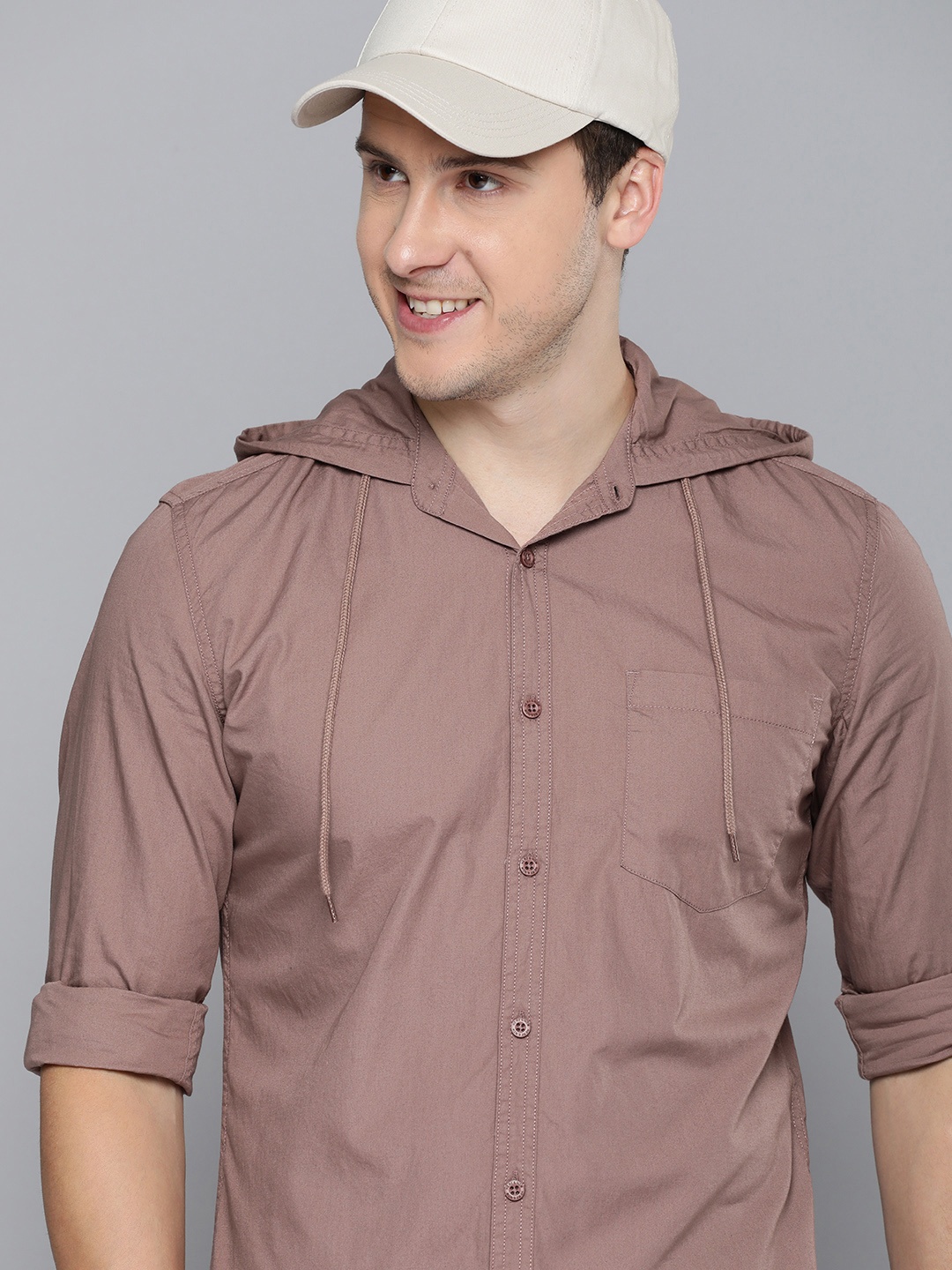 

HERE&NOW Men Pure Cotton Slim Fit Solid Hooded Casual Shirt, Mauve