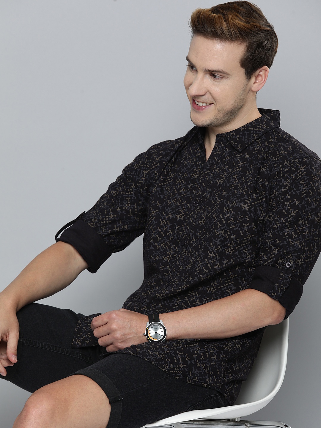 

HERE&NOW Slim Fit Abstract Printed Pure Cotton Casual Shirt, Black