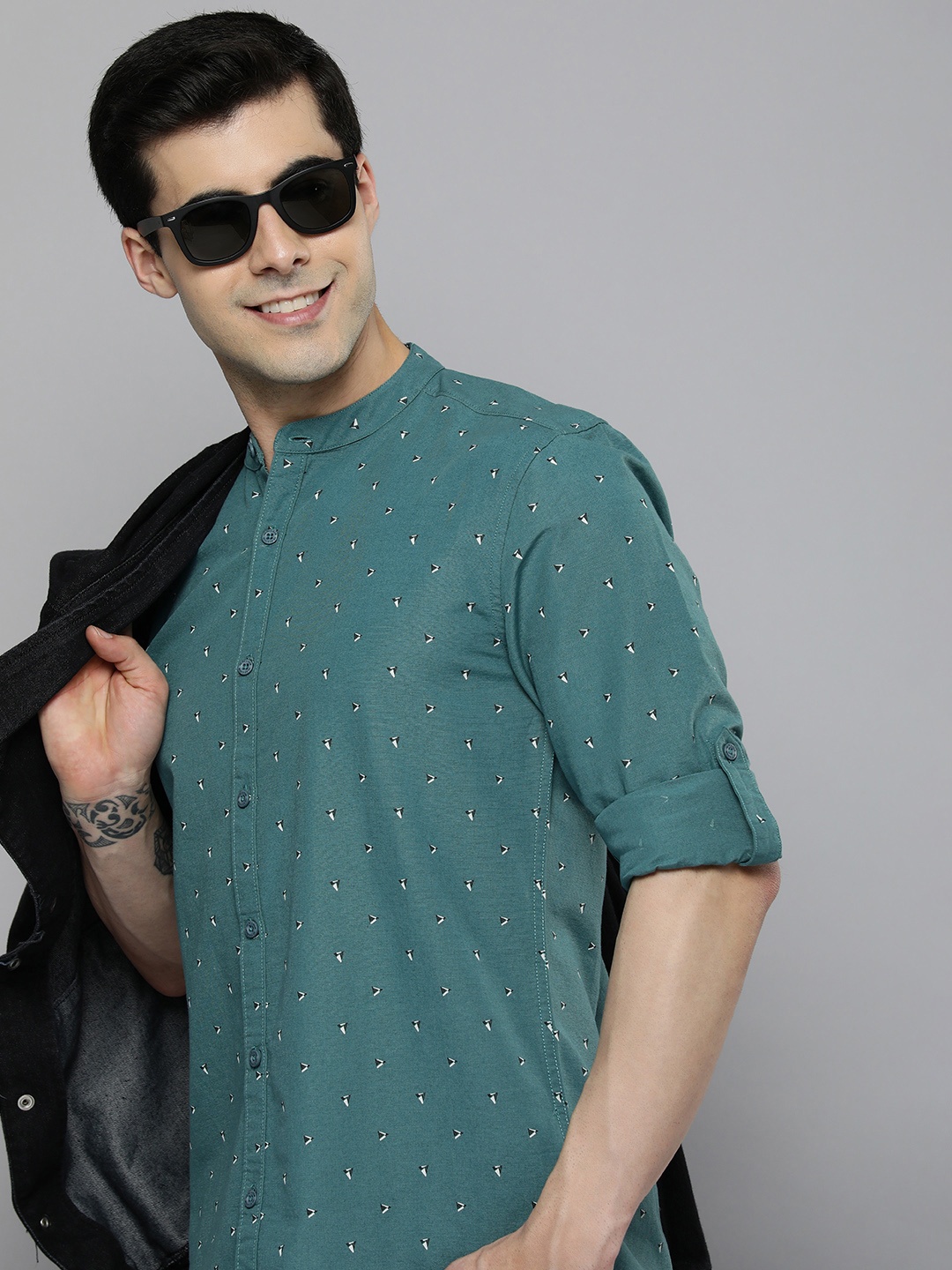 

HERE&NOW Men Pure Cotton Slim Fit Geometric Printed Casual Shirt, Teal