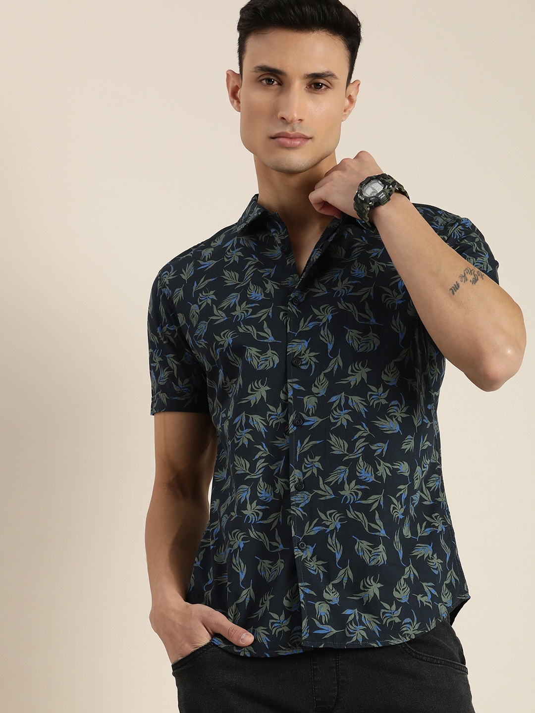 

Moda Rapido Tropical Printed Pure Cotton Casual Shirt, Navy blue